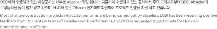 DSSI에서 수행하고 있는 해양공사는 대부분 Abseiler 작업 입니다. 지금까지 수행하고 있는 공사에서 주요 고객사로부터 DSSI Abseiler의 수행능력을 높이 평가 받고 있으며, HUC와 같은 Offshore 현지에도 파견되어 프로젝트 진행을 지원 하고 있습니다.